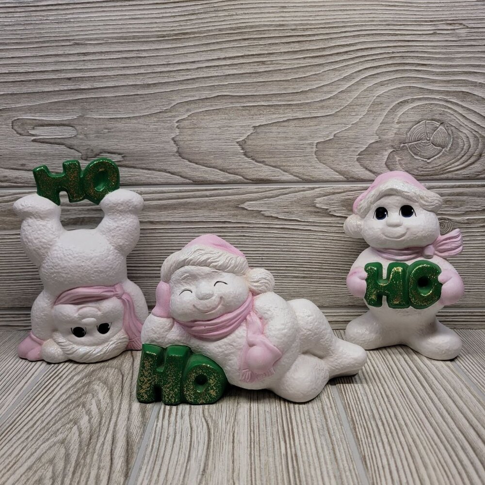 3 Christmas Snowman Figurines Ho Ho Ho Green Glitter Letters Anthropomorphic Vtg